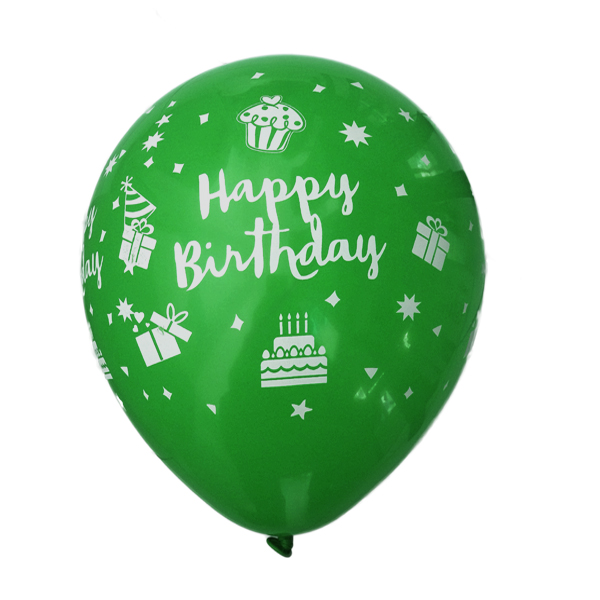 بادکنک سبز شفاف لاتکسی تایلندی - 12 اینچ - طرح تولد مبارک Happy Birthday - کد EN1-05