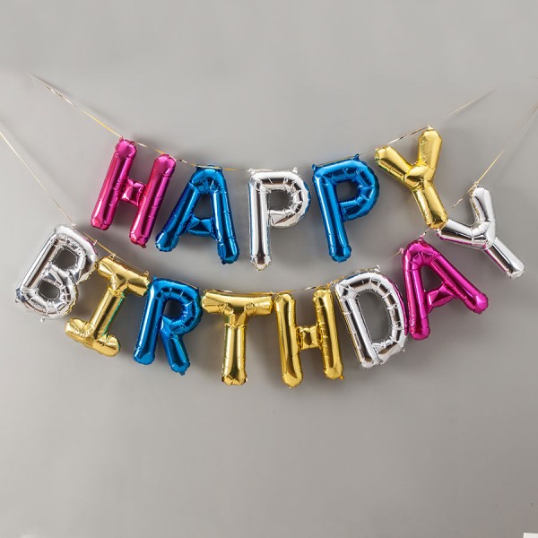 بادکنک فویلی حروف تولد مبارک رنگارنگ با زمینه ساده - 16 اینج - همراه با روبان نصب