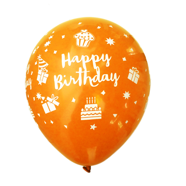 بادکنک نارنجی شفاف لاتکسی تایلندی - 12 اینچ - طرح تولد مبارک Happy Birthday - کد EN1-07 