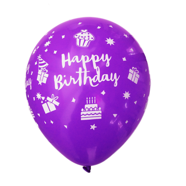 بادکنک بنفش ساده (مات) لاتکسی تایلندی - 12 اینچ - طرح تولد مبارک Happy Birthday - کد EN1-03 