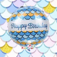 بادکنک فویلی تولد مبارک 35 (Happy Birthday Mermaid Pattern) زمینه پری دریایی آبی - فویلی گرد 18 اینچ 