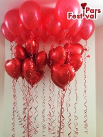 نمونه 195 - دسته بادکنک هلیومی با بادکنک های فویلی قلبی قرمز و بادکنک قرمز متالیک