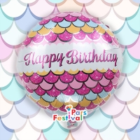 بادکنک فویلی تولد مبارک 34 (Happy Birthday Mermaid Pattern) زمینه پری دریایی سرخابی - فویلی گرد 18 اینچ 