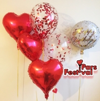 نمونه 368 - دسته بادکنک هلیومی قلبی همراه با بادکنک کانفتی قلب قرمز و فویلی تولد مبارک