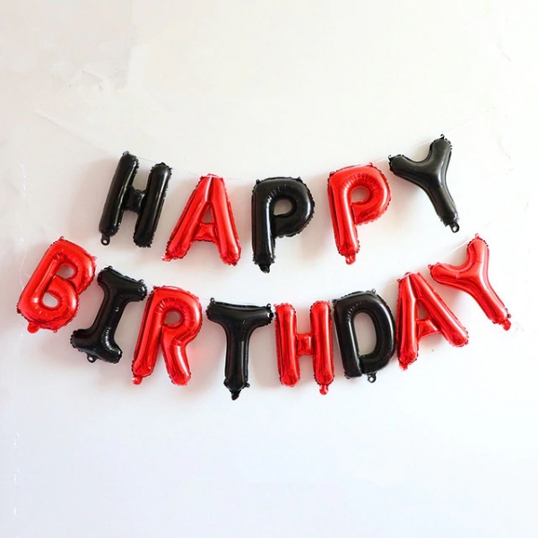 بادکنک فویلی حروف تولد مبارک مشکی قرمز زمینه ساده (طرح 08) - 16 اینچ