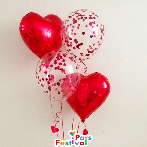 نمونه 299 - دسته بادکنک هلیومی فویلی قلب قرمز و شفاف همراه با پولک قلب (مناسب برای روز مادر، ولنتاین)